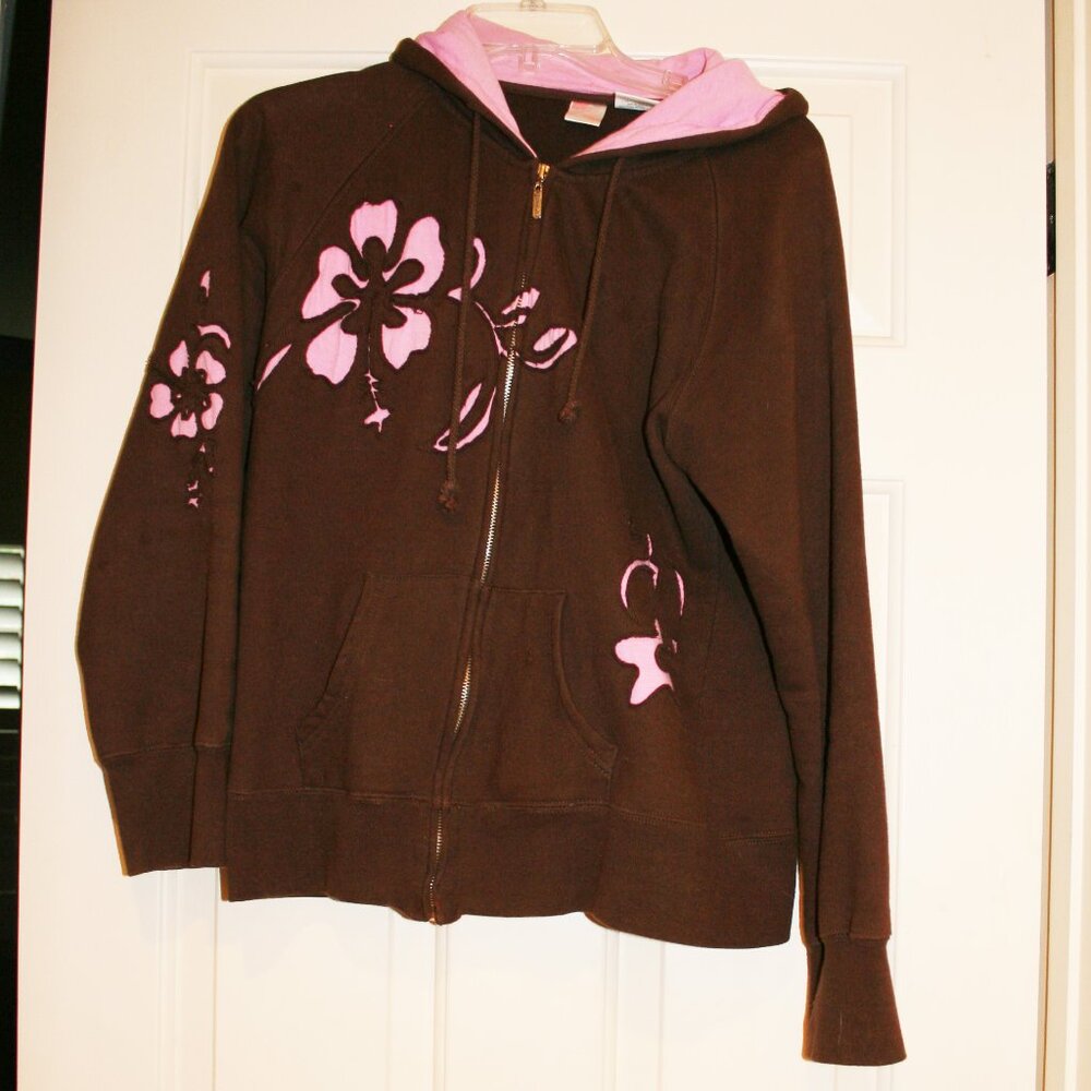 HONOLUA WAHINE Sz S Zip Front Hoodie Sweatshirt Brown with Pink Hibiscus Cutouts